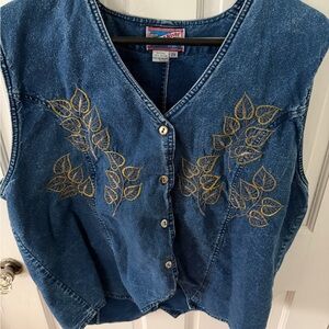 Women's Blue Denim Vest with Gold Leaf Embroidery